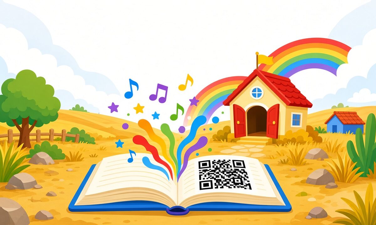 Illustration of a village schoolhouse with an open book showing a QR code and music notes rising out of it